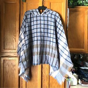 Andrew Marc New York Plaid Hooded Poncho Fringe Purple - One Size